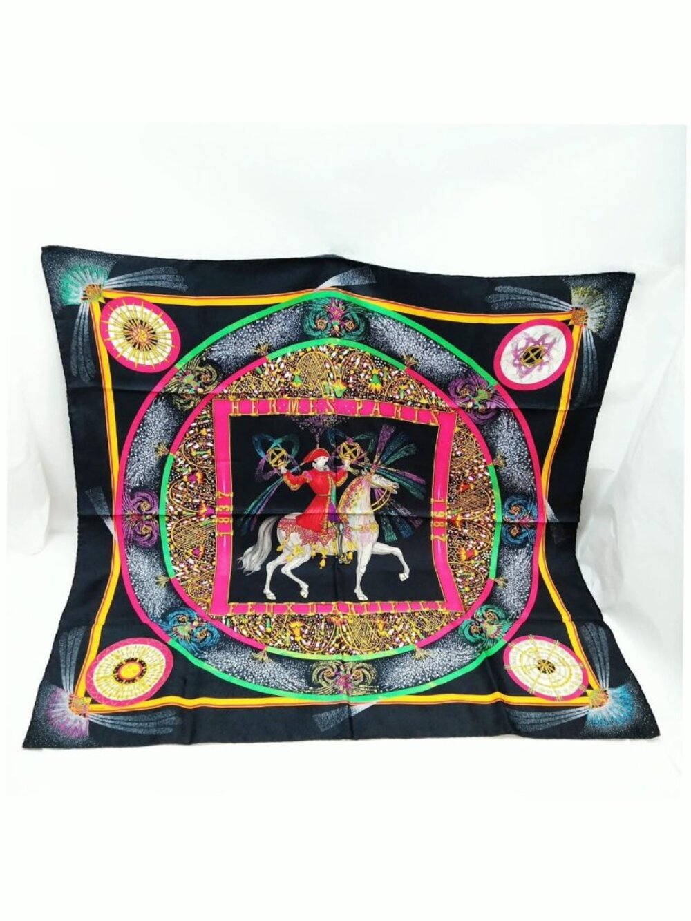 Authentic Hermès Silk Scarf Black Multicolor Equestrian Print - Picture 2 of 10